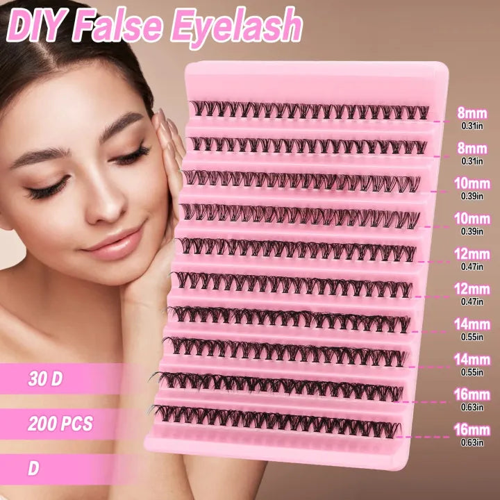DIY Cluster False Eyelashes 30D – 200PCS | Natural Volume Lash Extensions 8–16mm