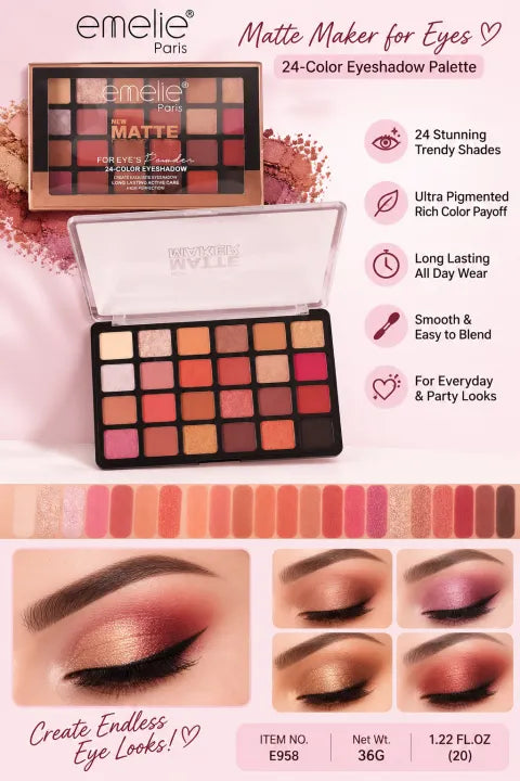 Emelie Paris Matte Maker 24 Colors Eyeshadow Palette – Highly Pigmented & Long Lasting