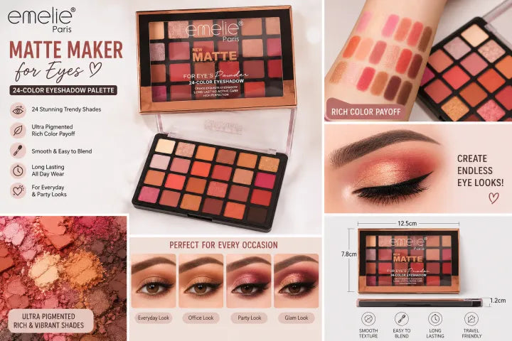 Emelie Paris Matte Maker 24 Colors Eyeshadow Palette – Highly Pigmented & Long Lasting